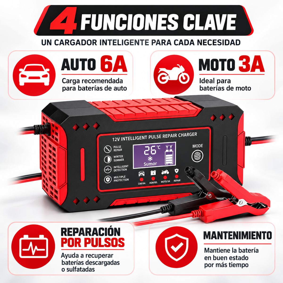 Cargador inteligente de batería 12 V 6 A con mantenimiento