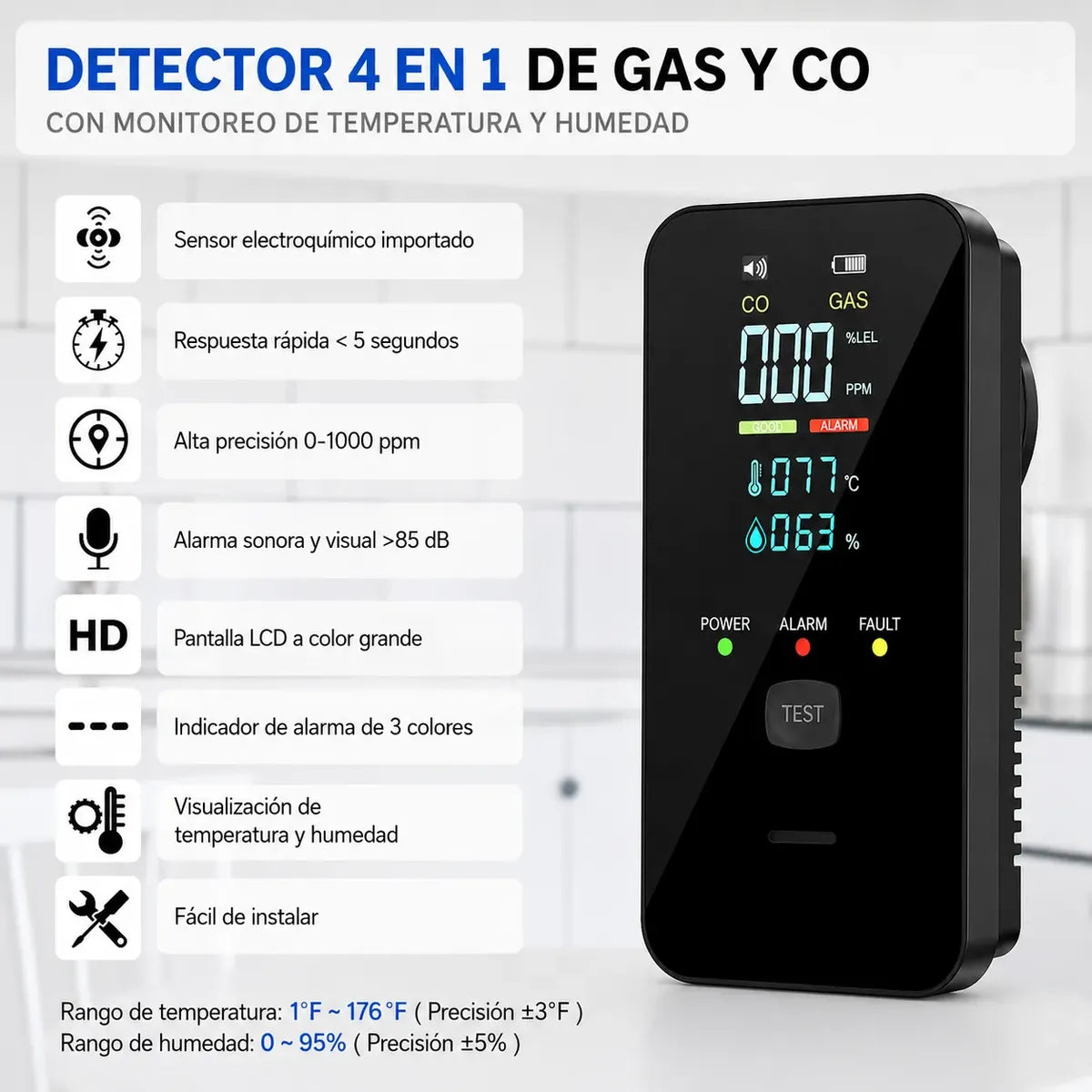 Detector de Gas y Monóxido de Carbono con Alarma Digital