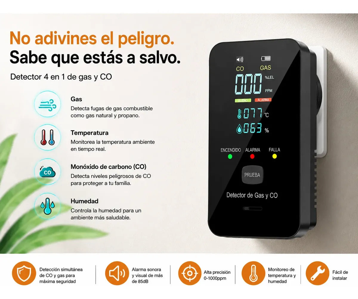 Detector de Gas y Monóxido de Carbono con Alarma Digital
