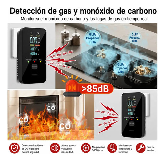 Detector de Gas y Monóxido de Carbono con Alarma Digital