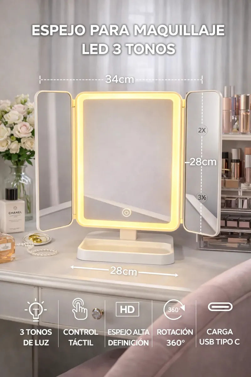 Espejo led triple maquillaje