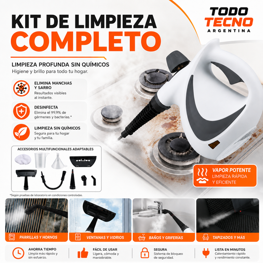 Limpiadora a vapor 1050W profesional - kit completo 10 accesorios