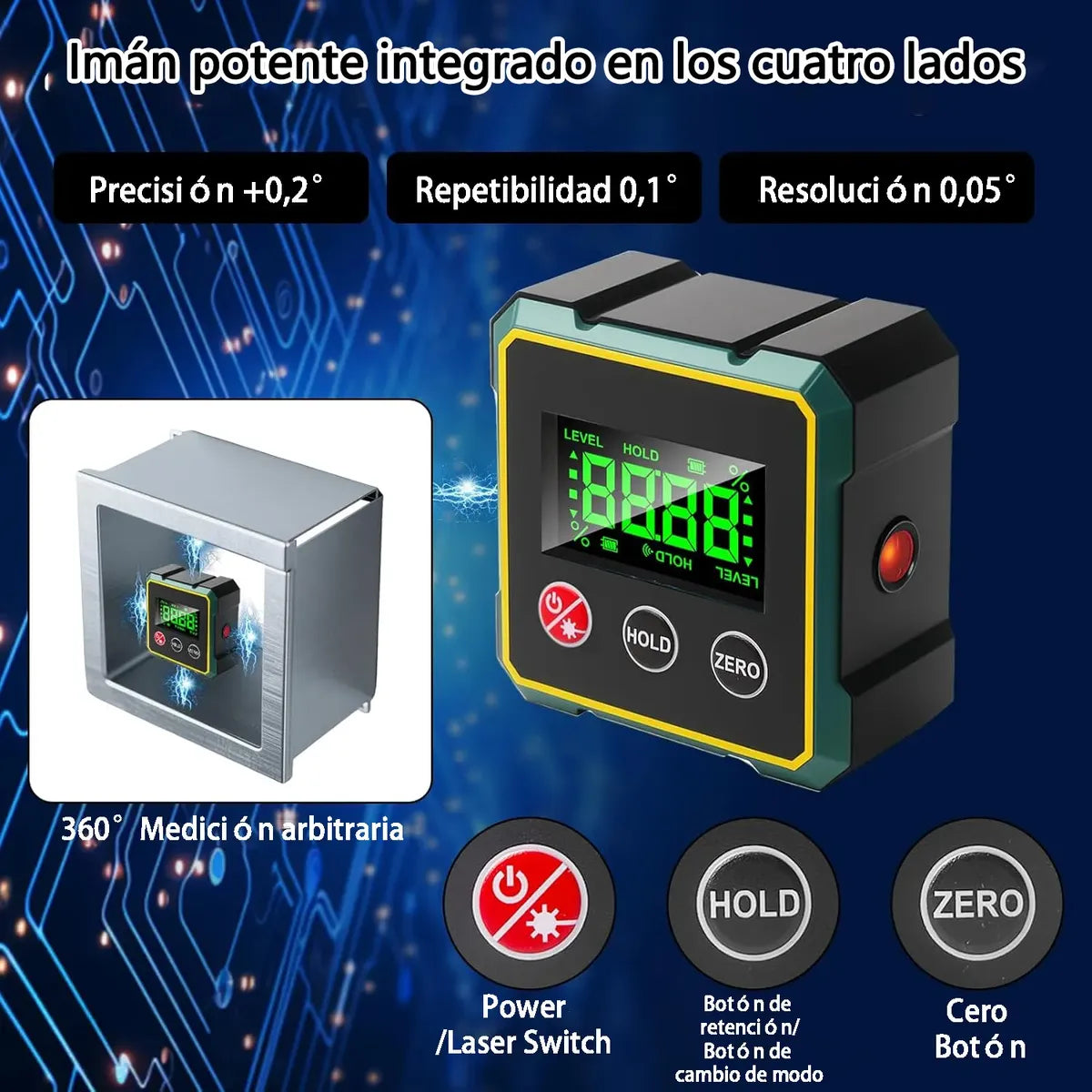 Nivel Digital 360° con Láser Doble, Base Magnética y Batería Recargable