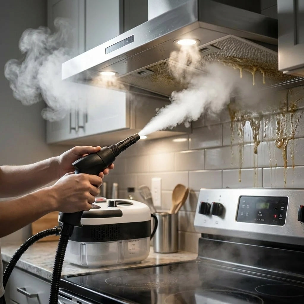 Limpiadora vapor 2500W limpiando campana cocina