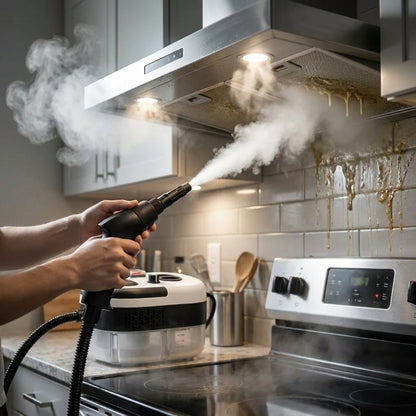 Limpiadora vapor 2500W limpiando campana cocina
