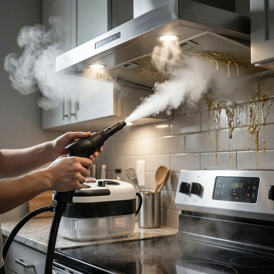 Limpiadora vapor 2500W limpiando campana cocina