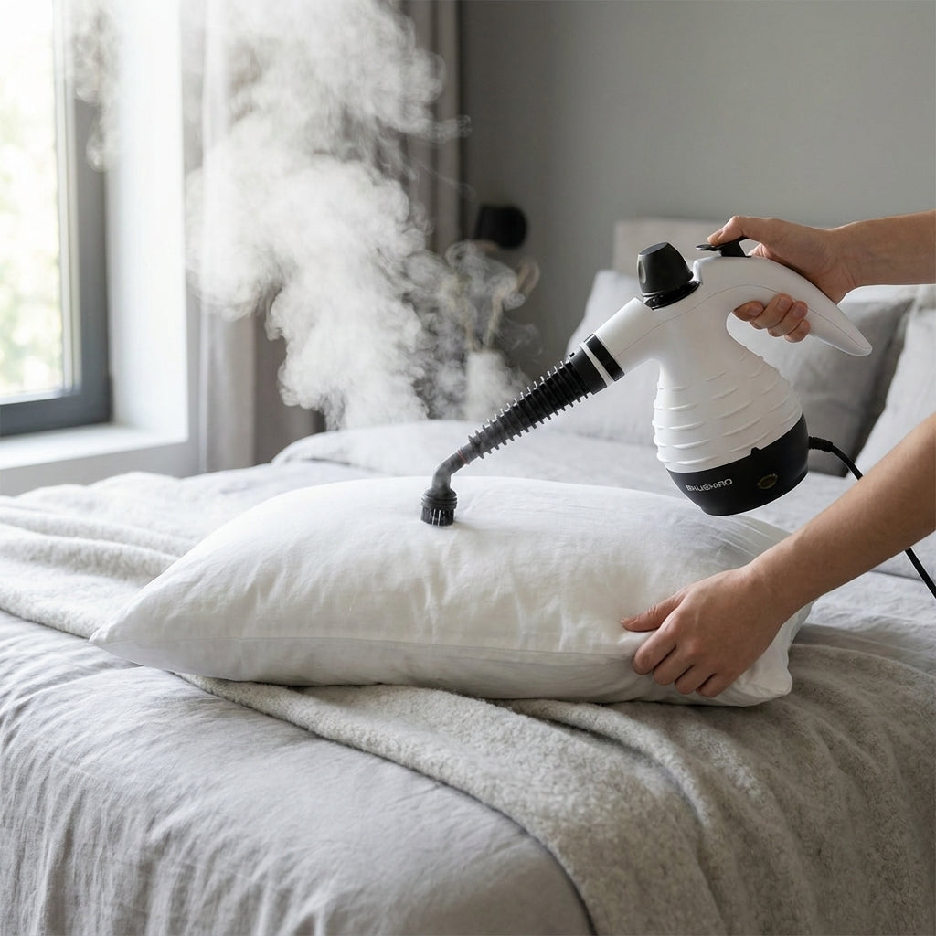 Vapor desinfectando almohada - higienización profunda
