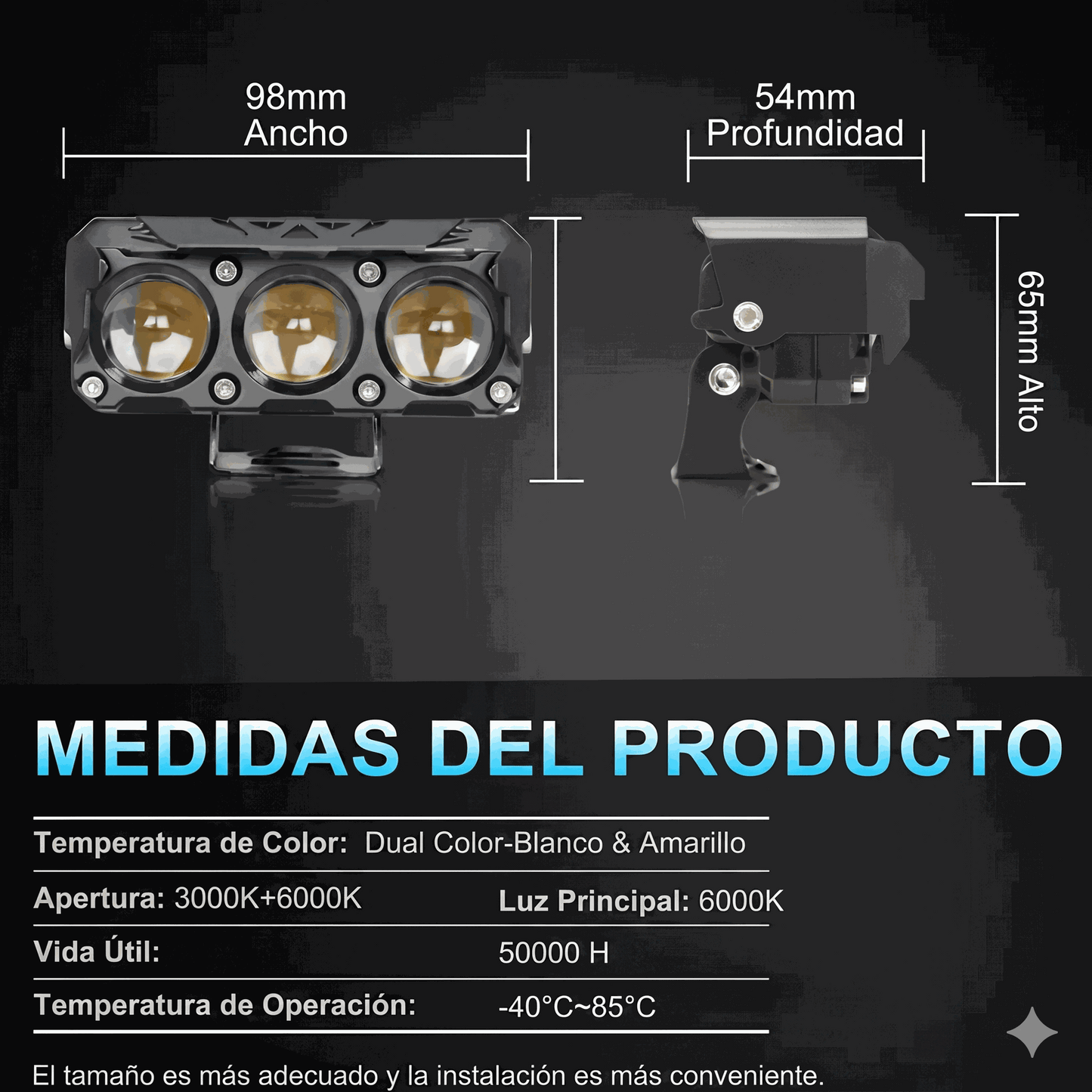 Proyectores Lupa LED Triple - medidas y especificaciones técnicas