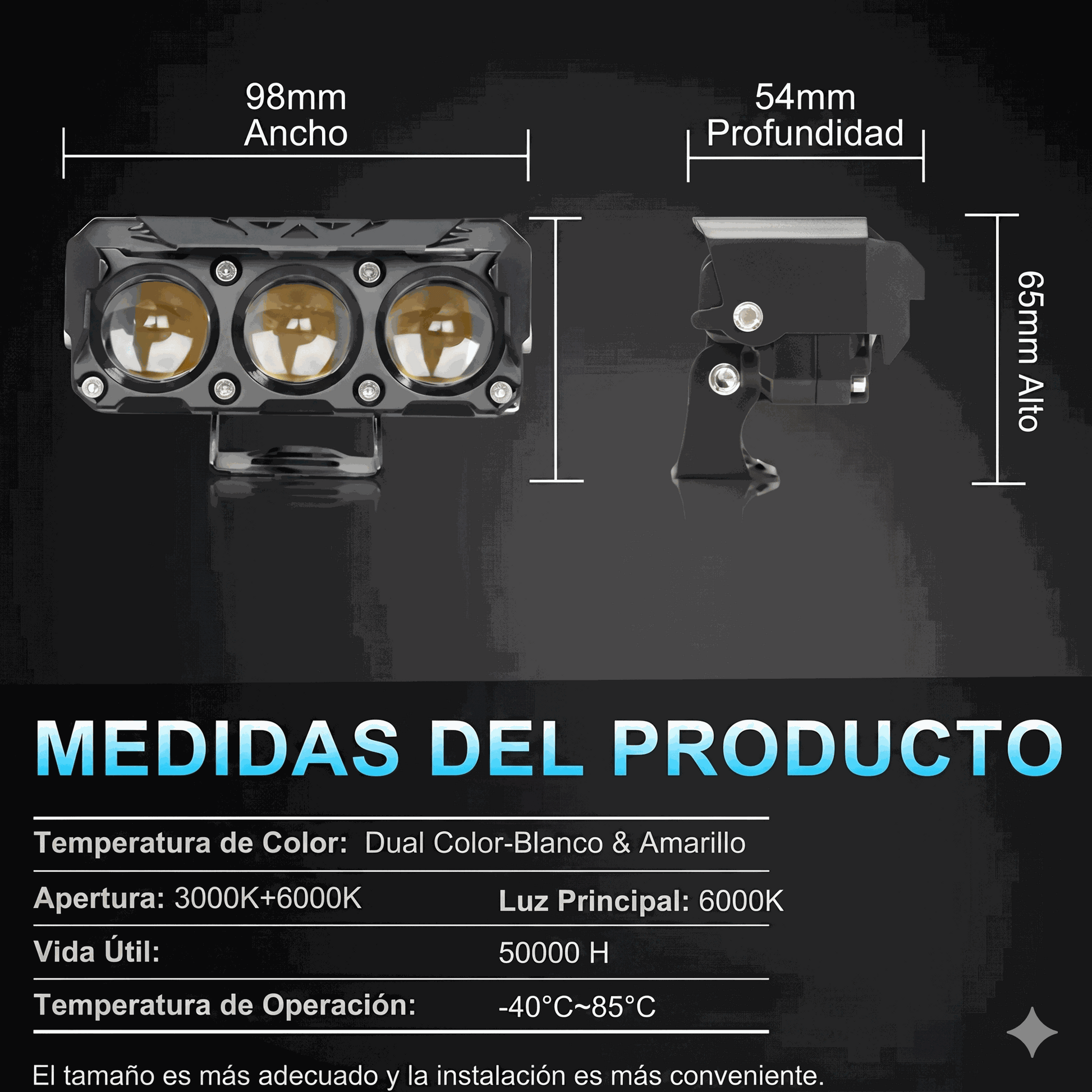 Proyectores Lupa LED Triple - medidas y especificaciones técnicas